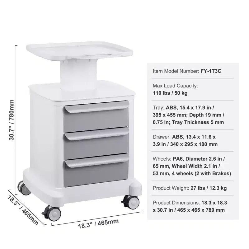 Chariot de laboratoire à roulettes 4 niveaux avec 3 tiroirs et plateau supérieur, chariot médical mobile en ABS, capacité de 50 kg