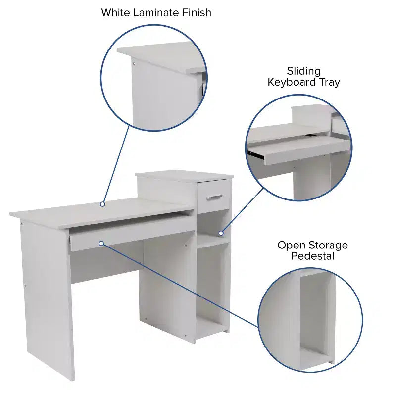 Bureau informatique blanc avec étagères et tiroir