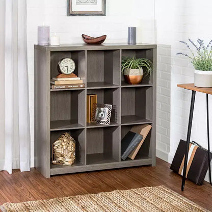 Étagère à livres 9 cubes en stratifié de qualité supérieure, MDF gris, 9 compartiments, capacité de 61 kg, 95,25 cm (L) x 99,06 cm (H)
