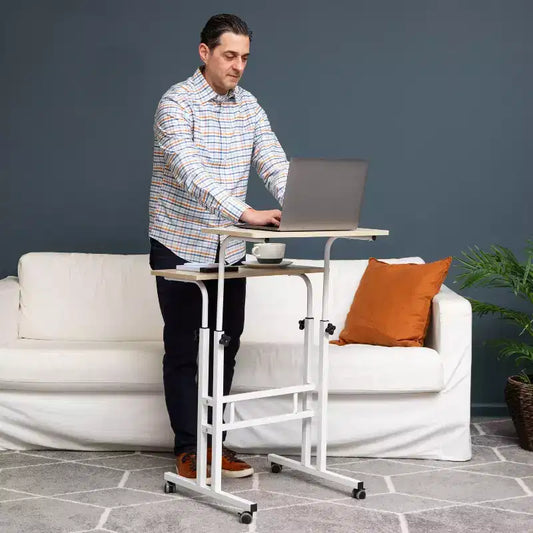 Bureau réglable en hauteur blanc avec rangement latéral