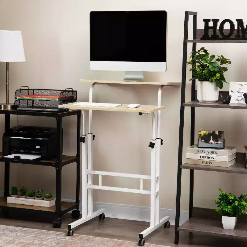 Bureau réglable en hauteur blanc avec rangement latéral