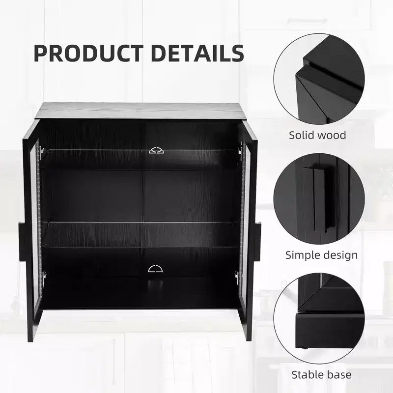 Meuble de rangement noir à grain de bois avec portes vitrées doubles, meuble de rangement décoratif