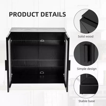 Meuble de rangement noir à grain de bois avec portes vitrées doubles, meuble de rangement décoratif