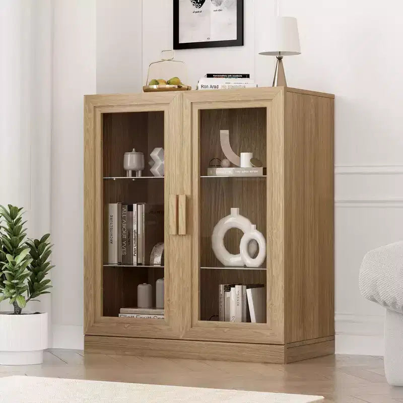 Meuble de rangement noir à grain de bois avec portes vitrées doubles, meuble de rangement décoratif