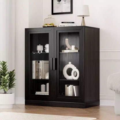 Black Wood Grain Storage Cabinet with Double Glass Doors, Decorative Storage Cabinet