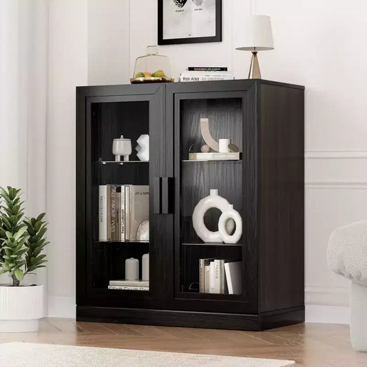 Black Wood Grain Storage Cabinet with Double Glass Doors, Decorative Storage Cabinet