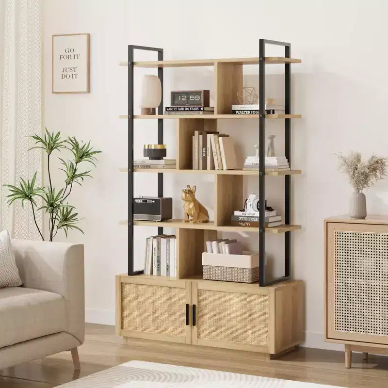 Étagère à livres en rotin à 5 niveaux avec armoire de rangement et porte, étagère industrielle de 180,6 cm de haut avec étagères de présentation ouvertes