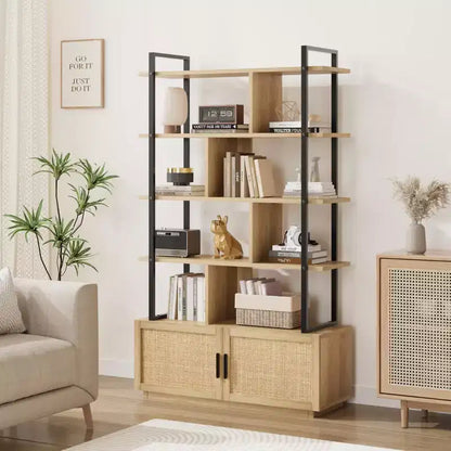 Étagère à livres en rotin à 5 niveaux avec armoire de rangement et porte, étagère industrielle de 180,6 cm de haut avec étagères de présentation ouvertes