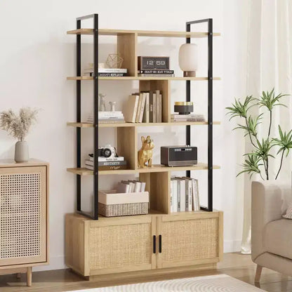 Étagère à livres en rotin à 5 niveaux avec armoire de rangement et porte, étagère industrielle de 180,6 cm de haut avec étagères de présentation ouvertes
