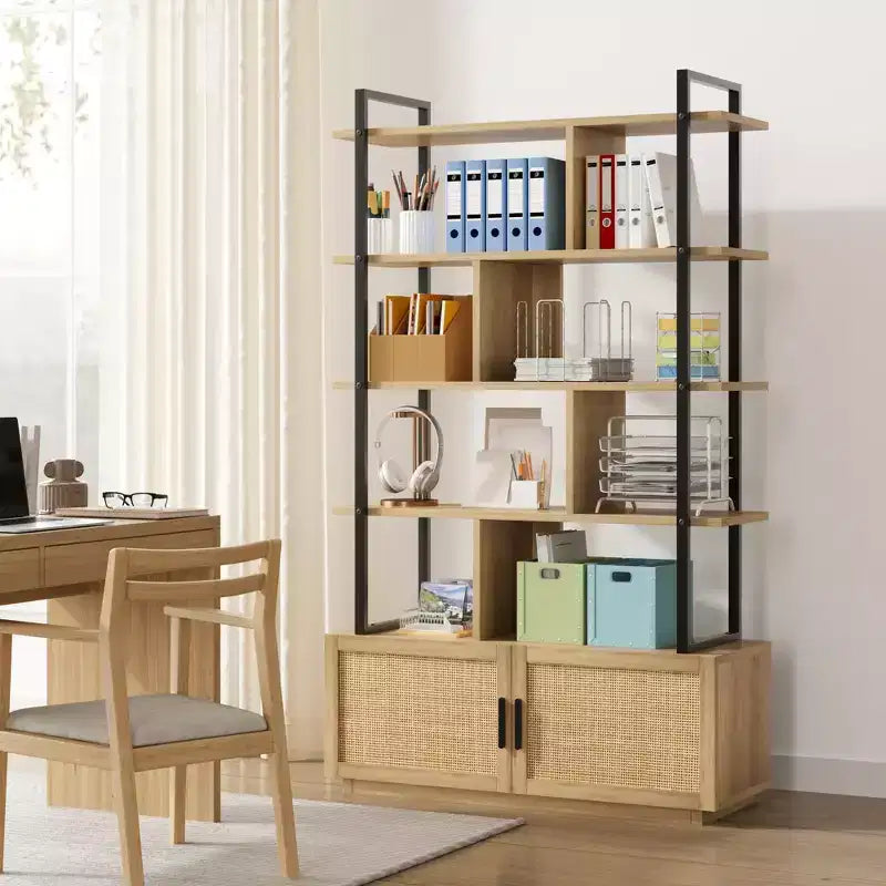 Étagère à livres en rotin à 5 niveaux avec armoire de rangement et porte, étagère industrielle de 180,6 cm de haut avec étagères de présentation ouvertes