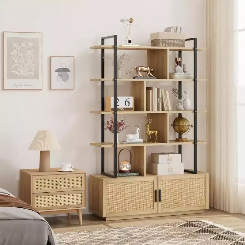 Étagère à livres en rotin à 5 niveaux avec armoire de rangement et porte, étagère industrielle de 180,6 cm de haut avec étagères de présentation ouvertes