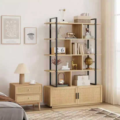 Étagère à livres en rotin à 5 niveaux avec armoire de rangement et porte, étagère industrielle de 180,6 cm de haut avec étagères de présentation ouvertes