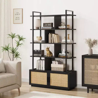 Étagère à livres en rotin à 5 niveaux avec armoire de rangement et porte, étagère industrielle de 180,6 cm de haut avec étagères de présentation ouvertes