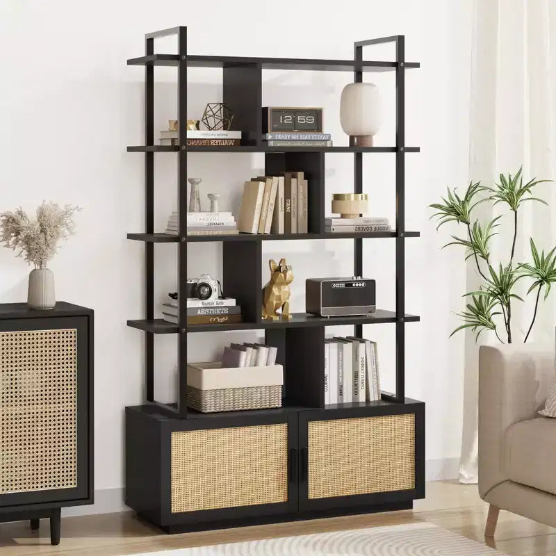 Étagère à livres en rotin à 5 niveaux avec armoire de rangement et porte, étagère industrielle de 180,6 cm de haut avec étagères de présentation ouvertes