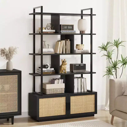 Étagère à livres en rotin à 5 niveaux avec armoire de rangement et porte, étagère industrielle de 180,6 cm de haut avec étagères de présentation ouvertes