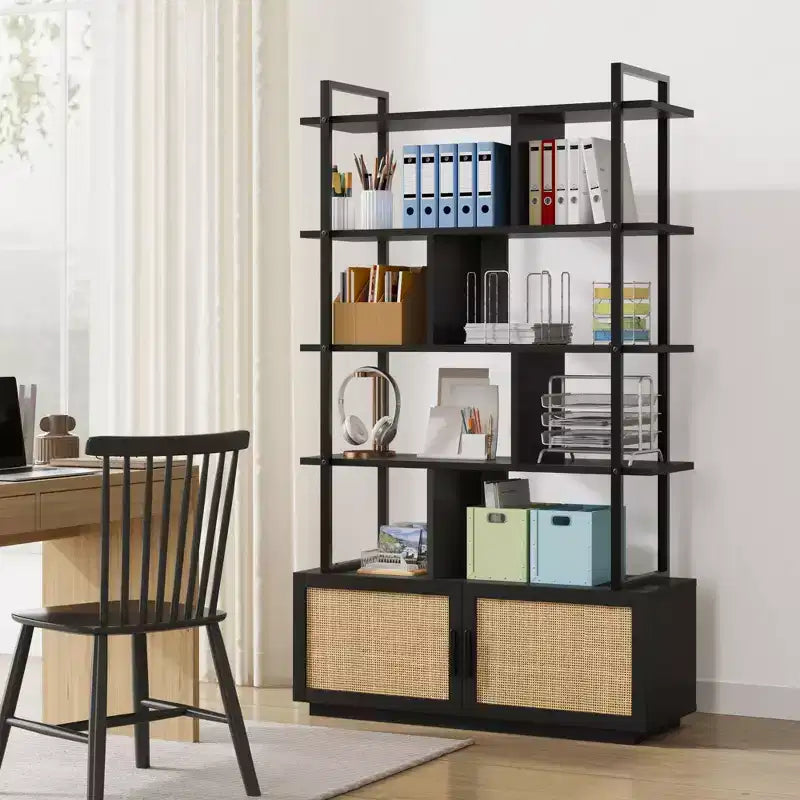 Étagère à livres en rotin à 5 niveaux avec armoire de rangement et porte, étagère industrielle de 180,6 cm de haut avec étagères de présentation ouvertes