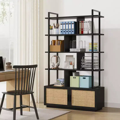 Étagère à livres en rotin à 5 niveaux avec armoire de rangement et porte, étagère industrielle de 180,6 cm de haut avec étagères de présentation ouvertes