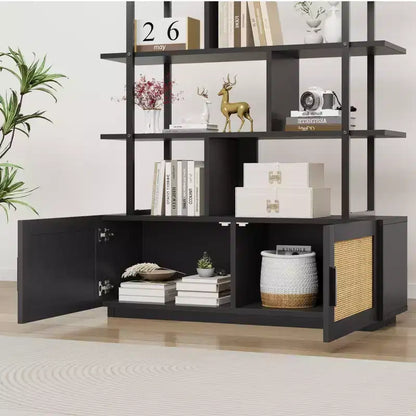 Étagère à livres en rotin à 5 niveaux avec armoire de rangement et porte, étagère industrielle de 180,6 cm de haut avec étagères de présentation ouvertes