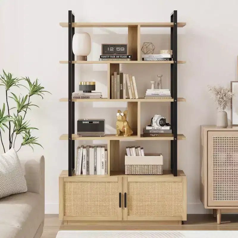 Étagère à livres en rotin à 5 niveaux avec armoire de rangement et porte, étagère industrielle de 180,6 cm de haut avec étagères de présentation ouvertes