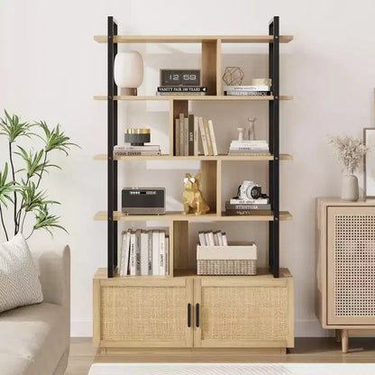 Étagère à livres en rotin à 5 niveaux avec armoire de rangement et porte, étagère industrielle de 180,6 cm de haut avec étagères de présentation ouvertes