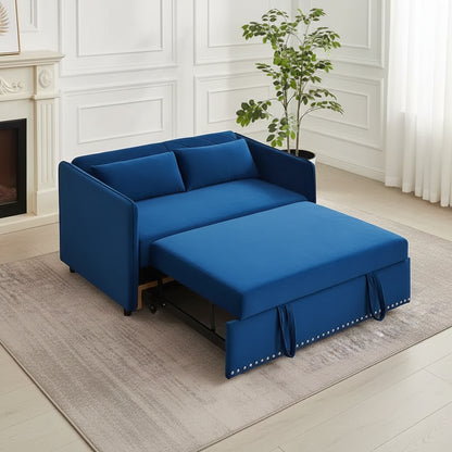 55 Velvet Convertible Sofa Bed - Modern Design with Pull-Out Bed, Pillows, & Grid Design Armrests