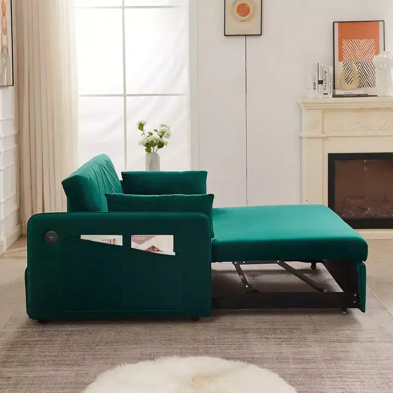Canapé-lit convertible en velours 55 po – Design moderne avec lit gigogne, oreillers et accoudoirs à motif quadrillé