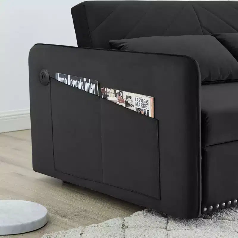 Canapé-lit convertible en velours 55 po – Design moderne avec lit gigogne, oreillers et accoudoirs à motif quadrillé
