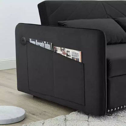 Canapé-lit convertible en velours 55 po – Design moderne avec lit gigogne, oreillers et accoudoirs à motif quadrillé