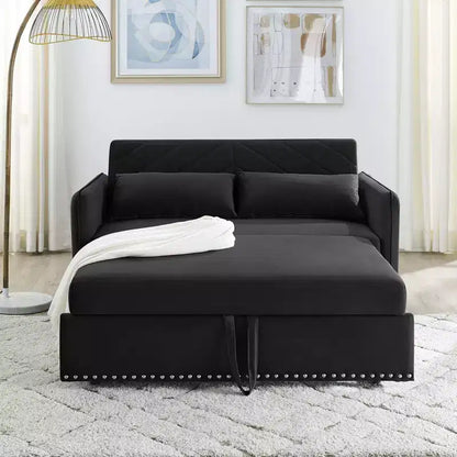 Canapé-lit convertible en velours 55 po – Design moderne avec lit gigogne, oreillers et accoudoirs à motif quadrillé