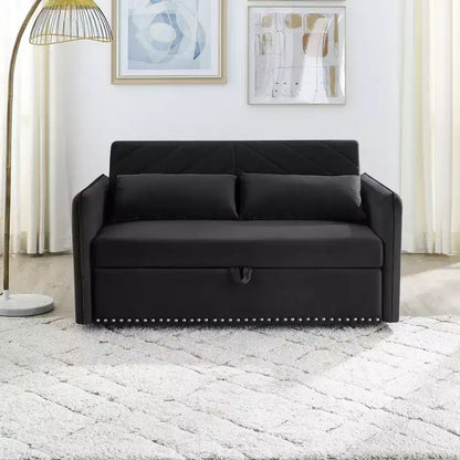 Canapé-lit convertible en velours 55 po – Design moderne avec lit gigogne, oreillers et accoudoirs à motif quadrillé