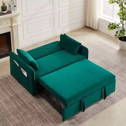 Canapé-lit convertible en velours 55 po – Design moderne avec lit gigogne, oreillers et accoudoirs à motif quadrillé