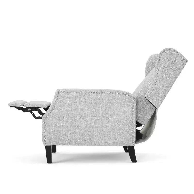 Fauteuil inclinable contemporain en tissu avec oreilles, système push-back et clous décoratifs
