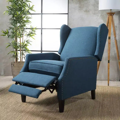 Fauteuil inclinable contemporain en tissu avec oreilles, système push-back et clous décoratifs