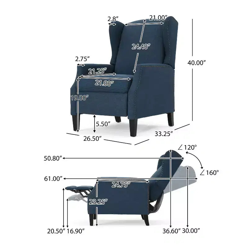Fauteuil inclinable contemporain en tissu avec oreilles, système push-back et clous décoratifs