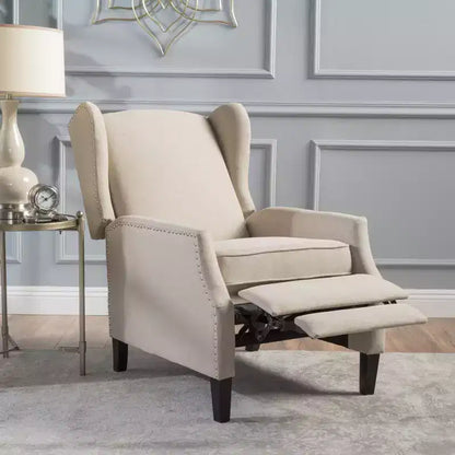 Fauteuil inclinable contemporain en tissu avec oreilles, système push-back et clous décoratifs
