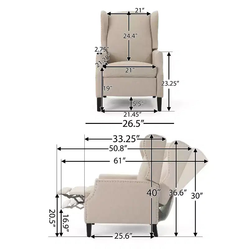 Fauteuil inclinable contemporain en tissu avec oreilles, système push-back et clous décoratifs