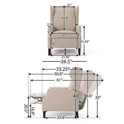 Fauteuil inclinable contemporain en tissu avec oreilles, système push-back et clous décoratifs