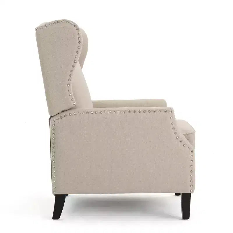 Fauteuil inclinable contemporain en tissu avec oreilles, système push-back et clous décoratifs