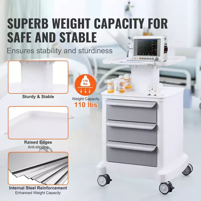 Chariot de laboratoire à roulettes 4 niveaux avec 3 tiroirs et plateau supérieur, chariot médical mobile en ABS, capacité de 50 kg