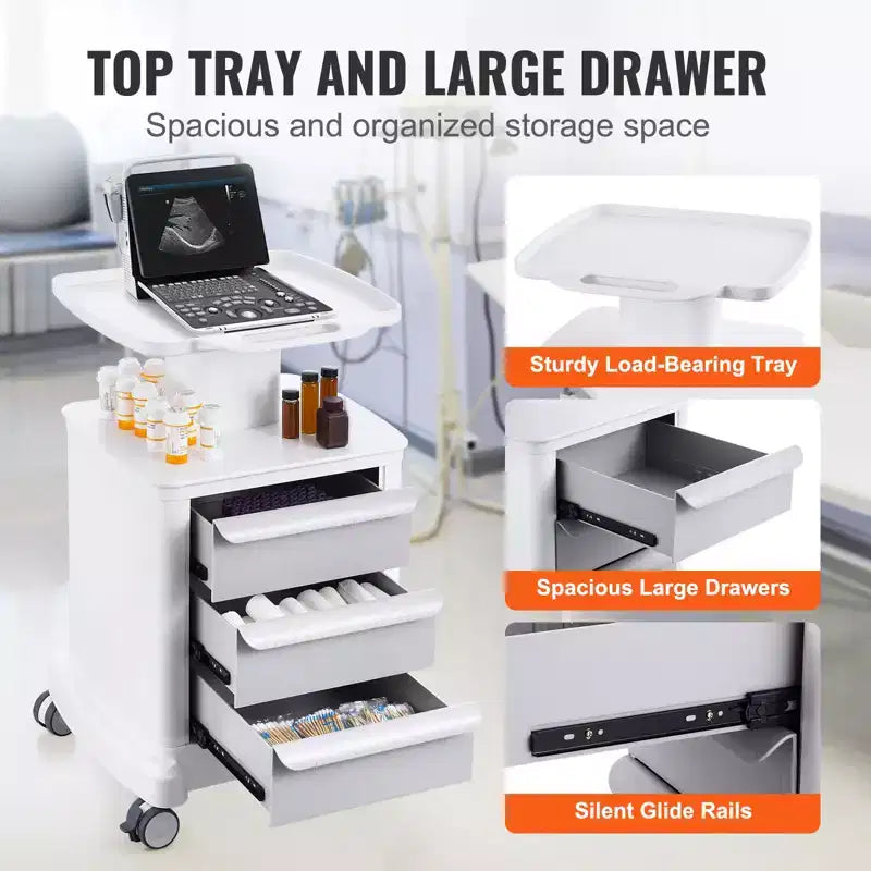 Chariot de laboratoire à roulettes 4 niveaux avec 3 tiroirs et plateau supérieur, chariot médical mobile en ABS, capacité de 50 kg