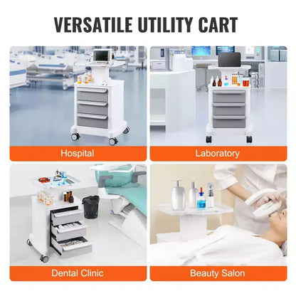Chariot de laboratoire à roulettes 4 niveaux avec 3 tiroirs et plateau supérieur, chariot médical mobile en ABS, capacité de 50 kg