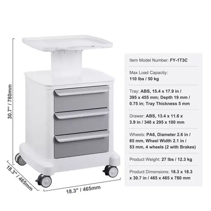 Chariot de laboratoire à roulettes 4 niveaux avec 3 tiroirs et plateau supérieur, chariot médical mobile en ABS, capacité de 50 kg