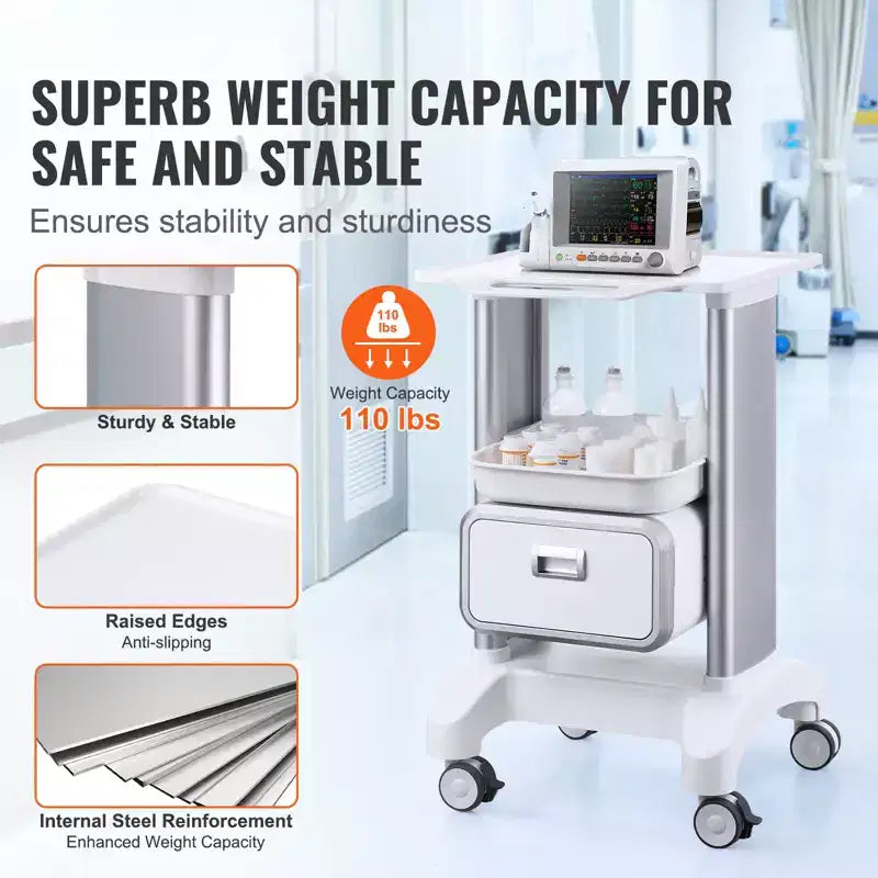 Chariot de laboratoire à roulettes à 2 niveaux avec 1 tiroir et un plateau supérieur, chariot médical mobile en ABS, capacité de 50 kg