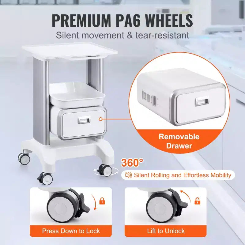 Chariot de laboratoire à roulettes à 2 niveaux avec 1 tiroir et un plateau supérieur, chariot médical mobile en ABS, capacité de 50 kg