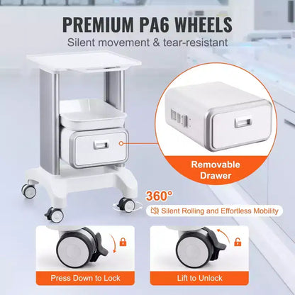 Chariot de laboratoire à roulettes à 2 niveaux avec 1 tiroir et un plateau supérieur, chariot médical mobile en ABS, capacité de 50 kg