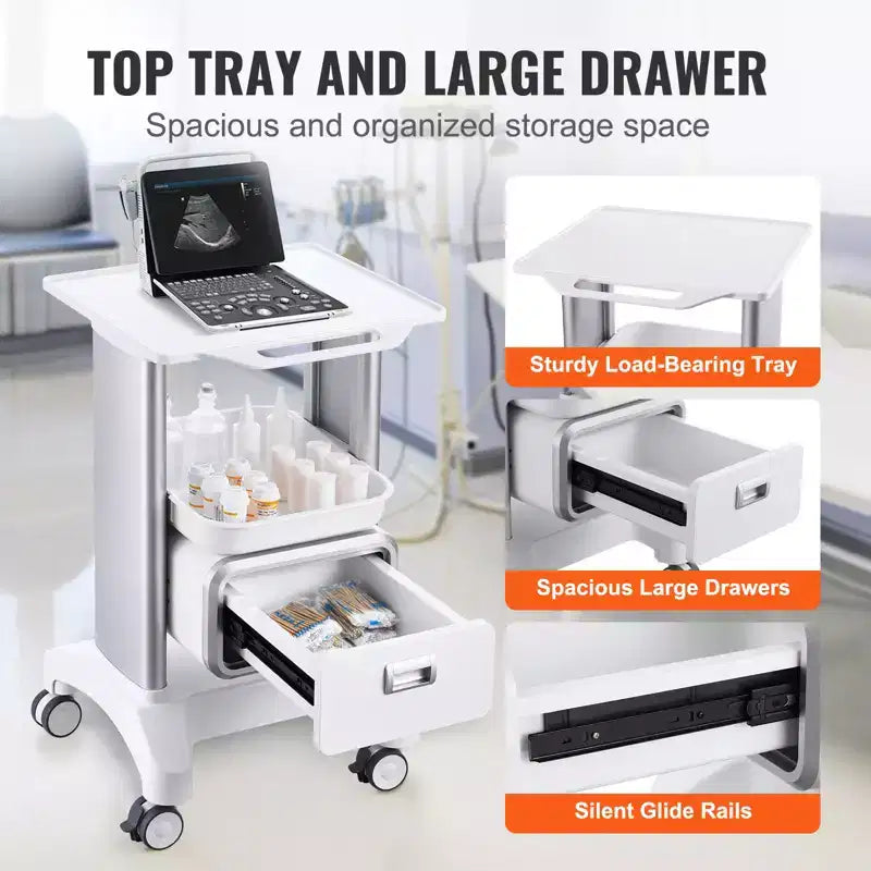 Chariot de laboratoire à roulettes à 2 niveaux avec 1 tiroir et un plateau supérieur, chariot médical mobile en ABS, capacité de 50 kg