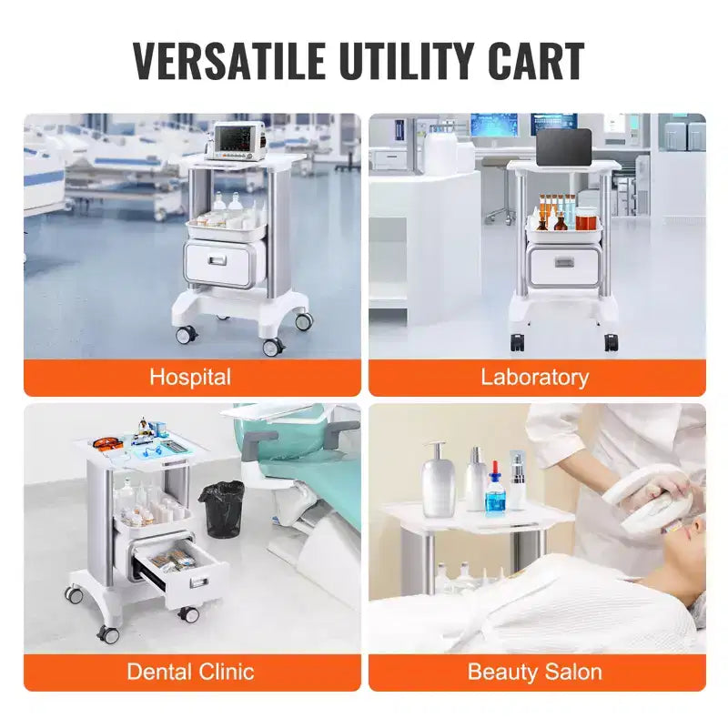 Chariot de laboratoire à roulettes à 2 niveaux avec 1 tiroir et un plateau supérieur, chariot médical mobile en ABS, capacité de 50 kg