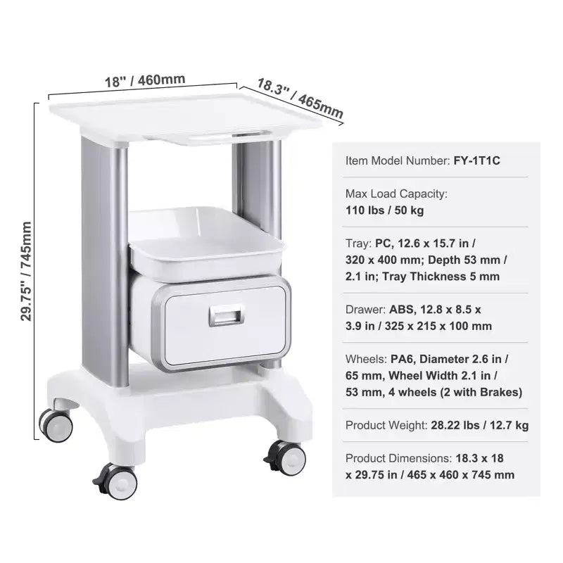 Chariot de laboratoire à roulettes à 2 niveaux avec 1 tiroir et un plateau supérieur, chariot médical mobile en ABS, capacité de 50 kg