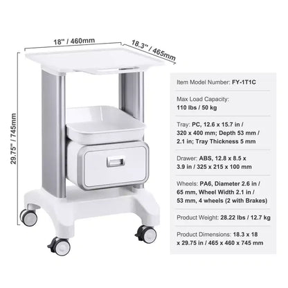 Chariot de laboratoire à roulettes à 2 niveaux avec 1 tiroir et un plateau supérieur, chariot médical mobile en ABS, capacité de 50 kg