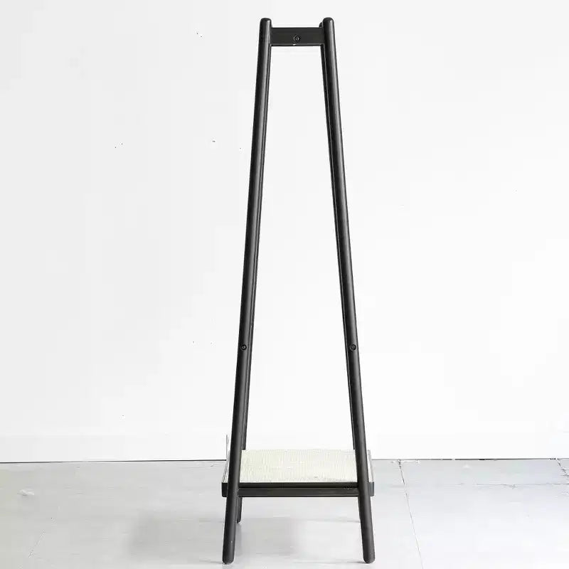 Portant à vêtements 65" en bois massif de chêne avec étagère en rotin, cadre trapézoïdal, tringles de suspension
